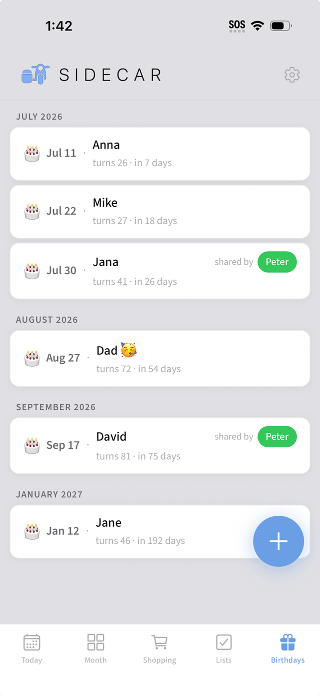 Birthday list with ages and countdowns