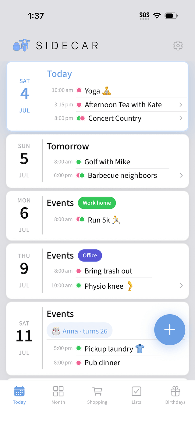 Sidecar's Today screen showing a week of shared events, color-coded per person