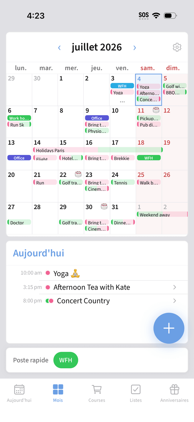 Calendrier du mois avec événements en couleur et barres sur plusieurs jours
