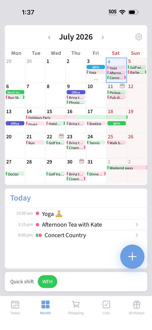 Month calendar with color-coded events and multi-day spans